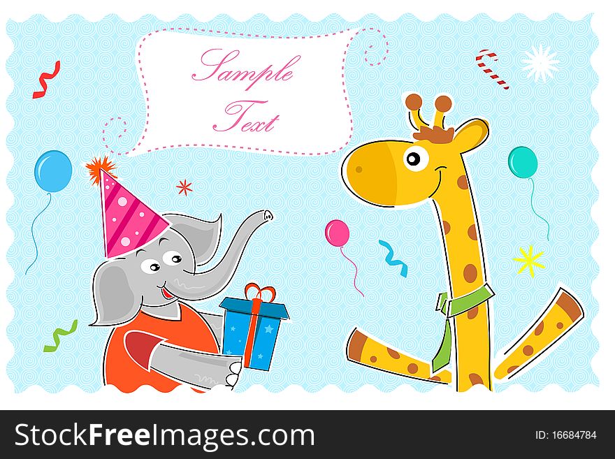 Illustration of elephant wishing giraffe happy birthday