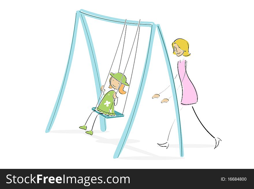 Illustration of mom pushing daughter on swing