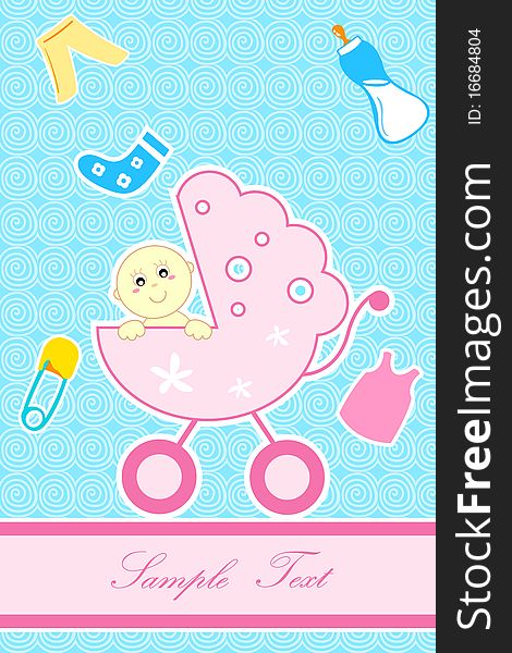 Illustratiof of baby in pram for arrival of baby announcement card