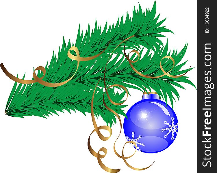 Isolated pine branch with a decorative ball and the ribbons. Isolated pine branch with a decorative ball and the ribbons