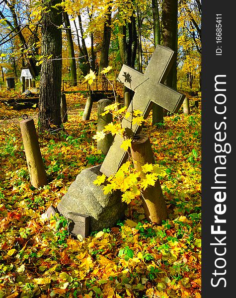 The cross in a old cemetery in autumn