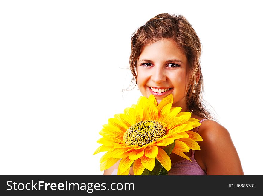 Portrait of a charming woman in dress with sunflower