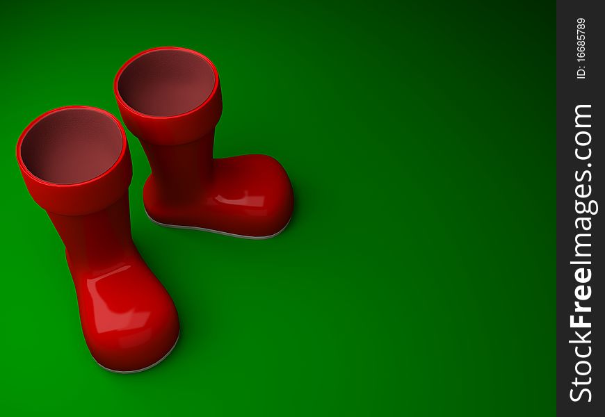 3d illustration with santa boots on a green background with place to add text. 3d illustration with santa boots on a green background with place to add text