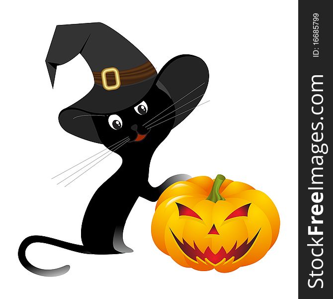 Halloween kitten with pumpkin isolated on a white. Vector illustration.