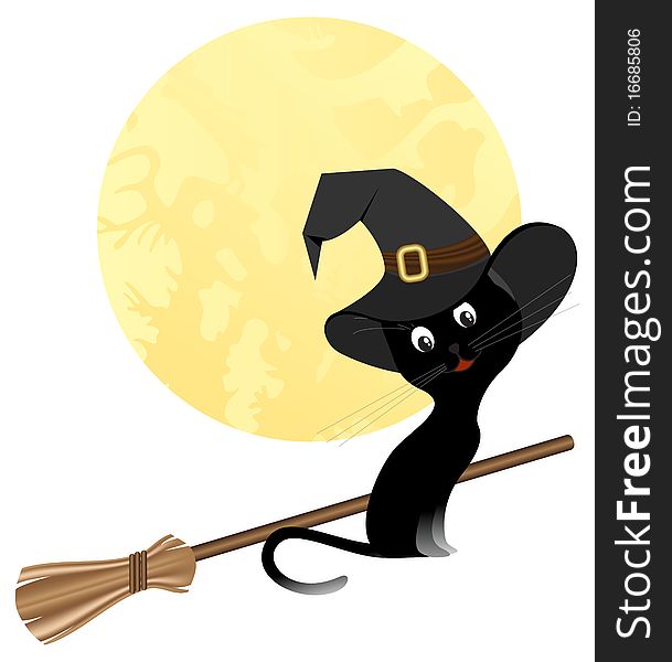 Celebratory symbolics, black cat with a hat and a broom against the moon. Vector illustration.