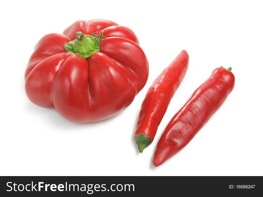 Bulgarian adn chili pepper over white