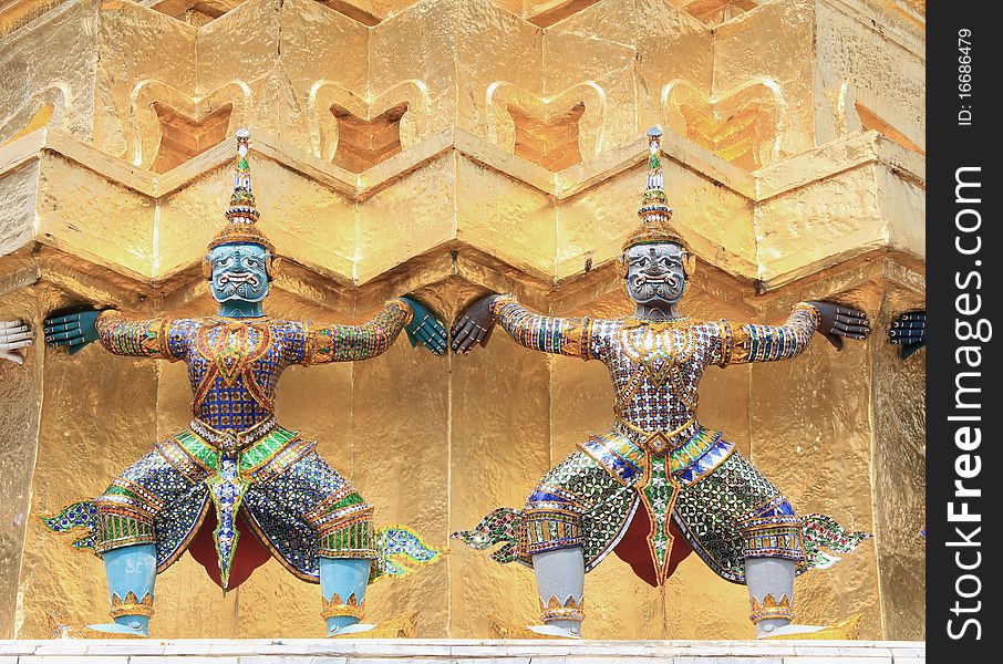 Two demons in the Grand Palace temple,Wat pra kaew Bangkok Thailand