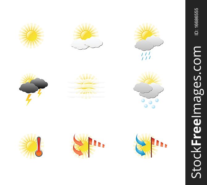 Cute glossy icons for weather forecast with sun, clouds, rain, snow, wind, hot, storm events. Cute glossy icons for weather forecast with sun, clouds, rain, snow, wind, hot, storm events