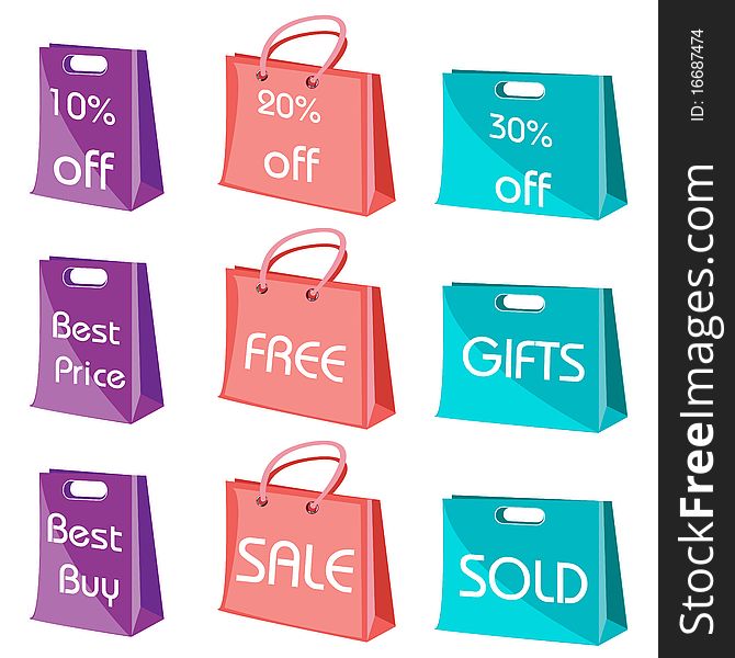 Illustration of set of shopping bags with tags on isolated background