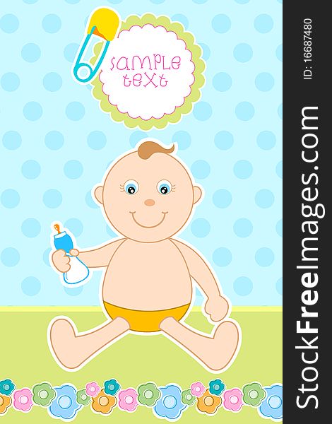 Illustration of baby arrival announcement card with baby. Illustration of baby arrival announcement card with baby