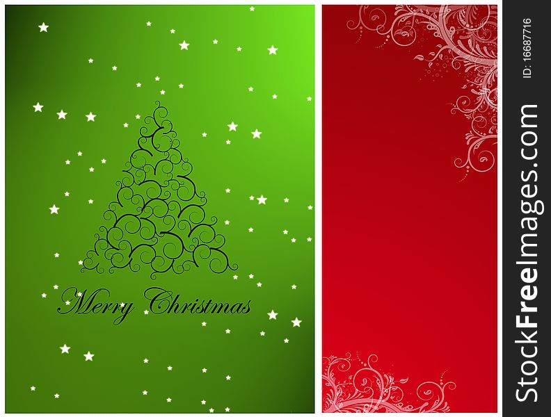 Christmas tree on green background, red space to insert text or design. Christmas tree on green background, red space to insert text or design