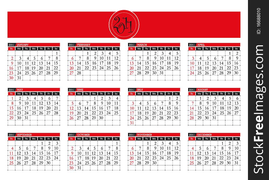 Calendar for 2011 on a white background. Starts sunday