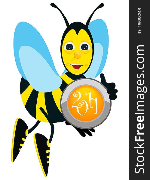 A cartoon honeybee flying with 2011 button white background. A cartoon honeybee flying with 2011 button white background
