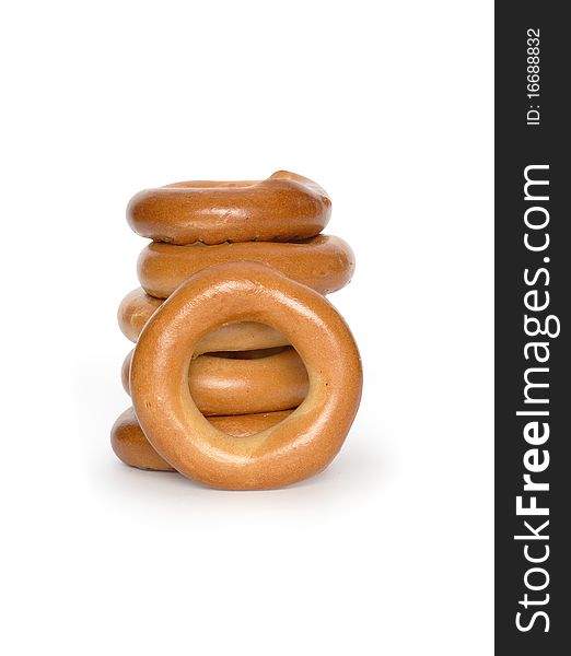 Stack of freshness bread-rings isolated on white background with clipping path