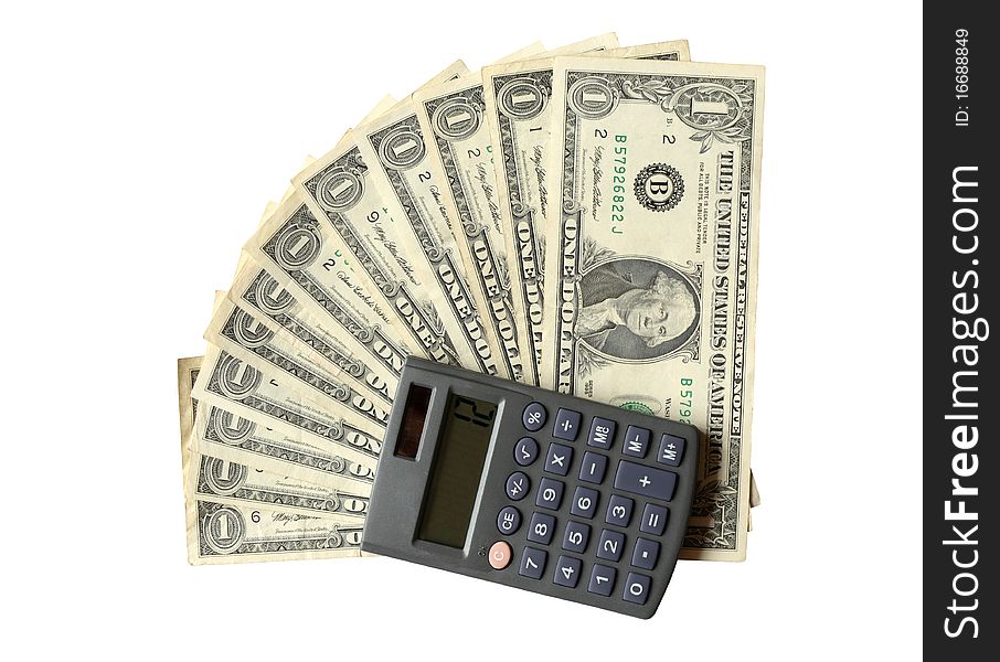 Twelve one dollar bills and calculator isolated on white background with clipping path. Twelve one dollar bills and calculator isolated on white background with clipping path