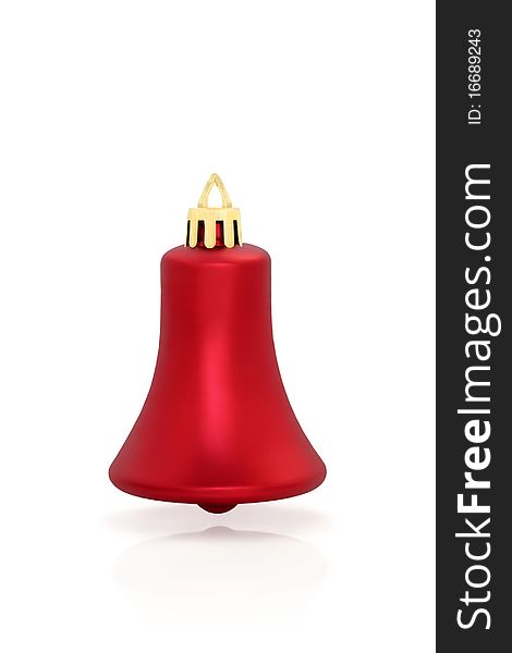 Christmas bell shaped bauble, isolated over white background with reflection.