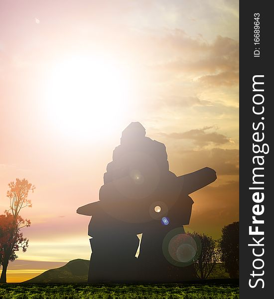 An Inuit or Aboriginal ston marker called an Inukshuk at sunset. An Inuit or Aboriginal ston marker called an Inukshuk at sunset.