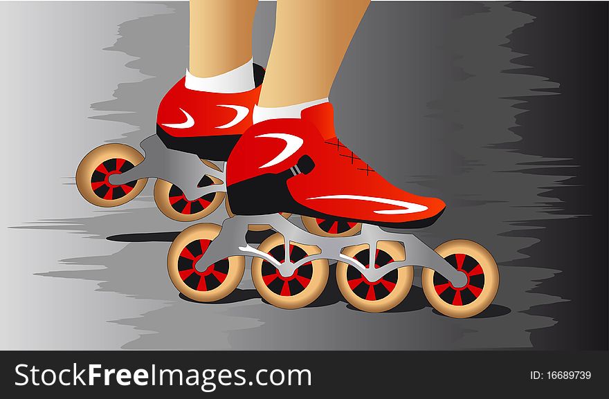 Feet of the person in red rollers against asphalt