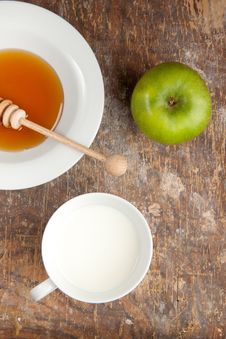 Breakfast With Milk, Honey And Apple Stock Photo Breakfast With Milk, Honey And Apple Stock Photo