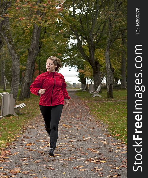 Beautiful female athlete running in park on a beautiful autumn day. Beautiful female athlete running in park on a beautiful autumn day.