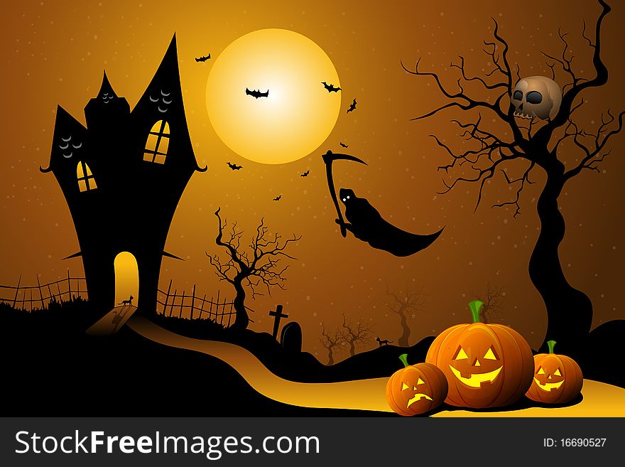 Illustration of ghost flying in halloween night