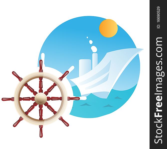 Illustration of Ship steering wheel and in the background ship in sea. Illustration of Ship steering wheel and in the background ship in sea