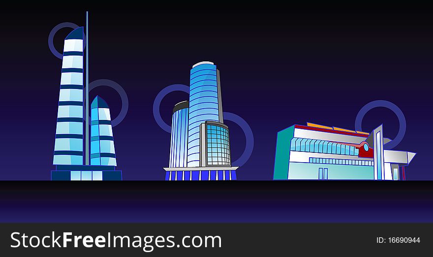 Vector drawing of contemporary commercial biuldings on dark background. Vector drawing of contemporary commercial biuldings on dark background