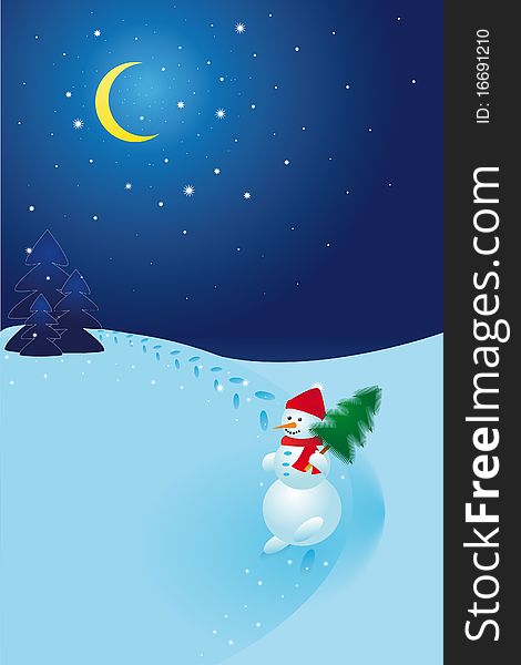 Christmas background: snowman on blue background