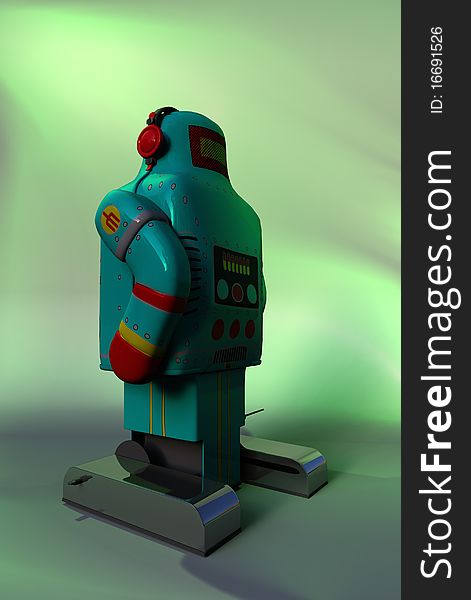Back angled view of a retro toy wind up robot. Back angled view of a retro toy wind up robot