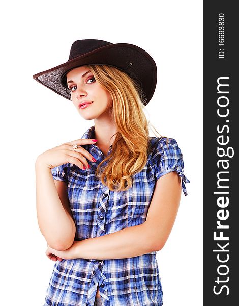 Picture of a charming lady in cowboy hat on white background