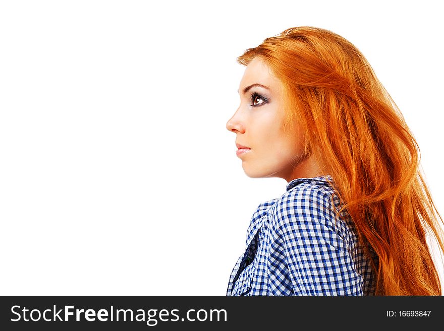 Picture of a attractive young girl in shirt on white background