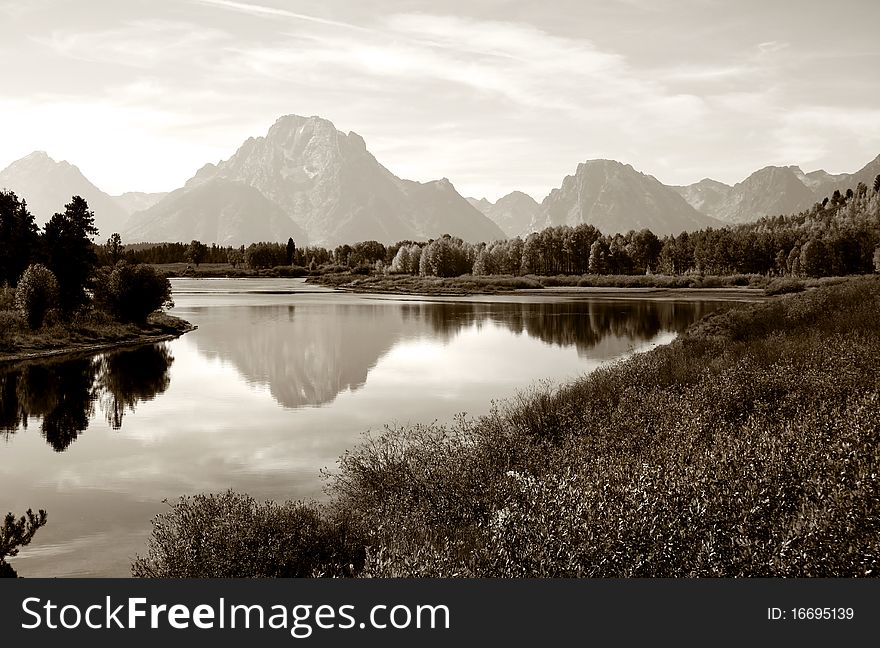 Beautiful Grand Tetons mountain range in sepia color tone