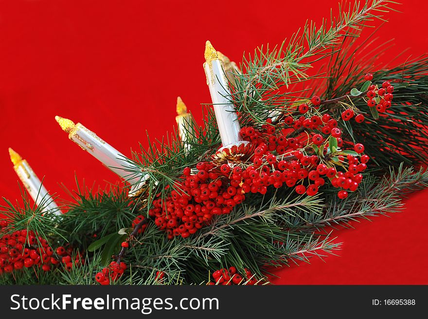Green pine branches with canterberry, candles on red background. Green pine branches with canterberry, candles on red background