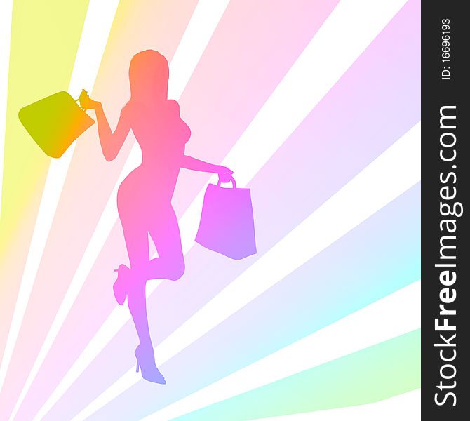 Happy shopping girl silhouette illustration on colorful background