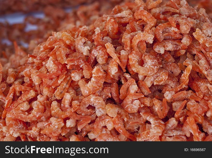 Pile of dried shrimps in a Thai market