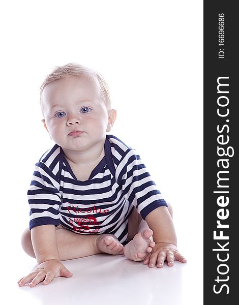 Photo of adorable young boy on white background