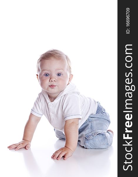 Photo of adorable young boy on white background