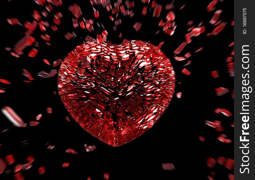 A 3d render of a glass heart breaking into small pieces