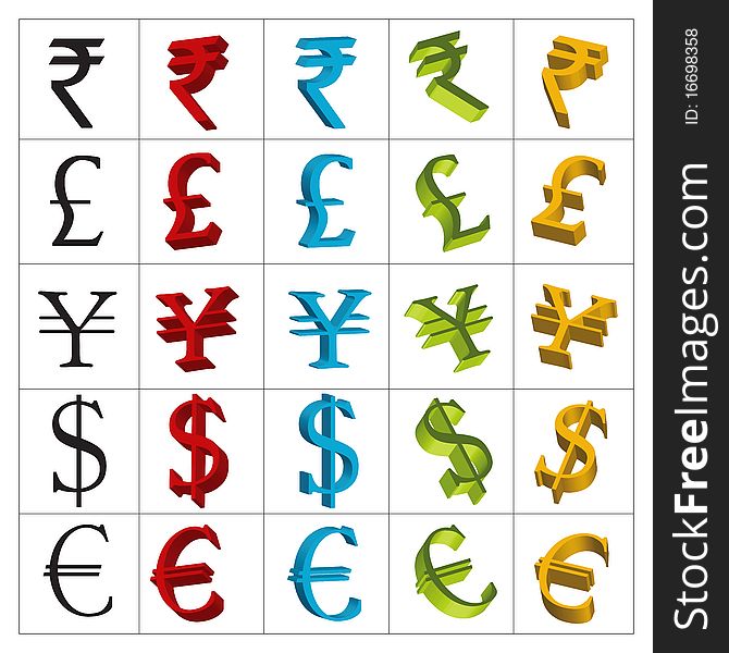 3 Dimensional international currency symbols on the white background
