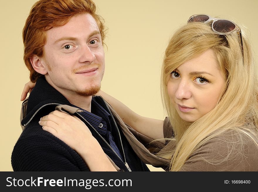 White woman and man communicating together. White woman and man communicating together