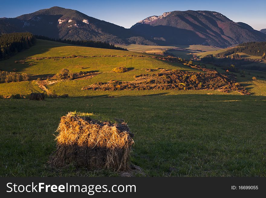 Hay package in autumn evening light