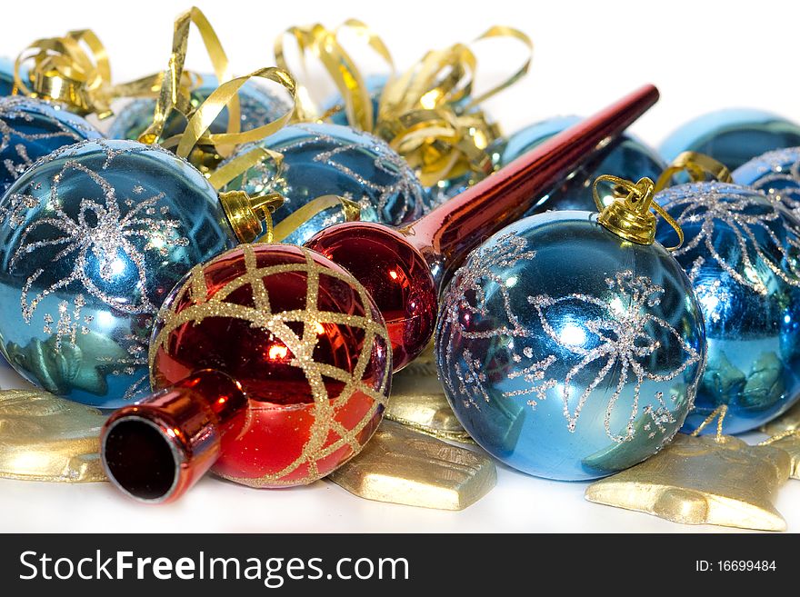 Hand painted christmas balls, decorated with ribbon, and christmas items, high key. Hand painted christmas balls, decorated with ribbon, and christmas items, high key