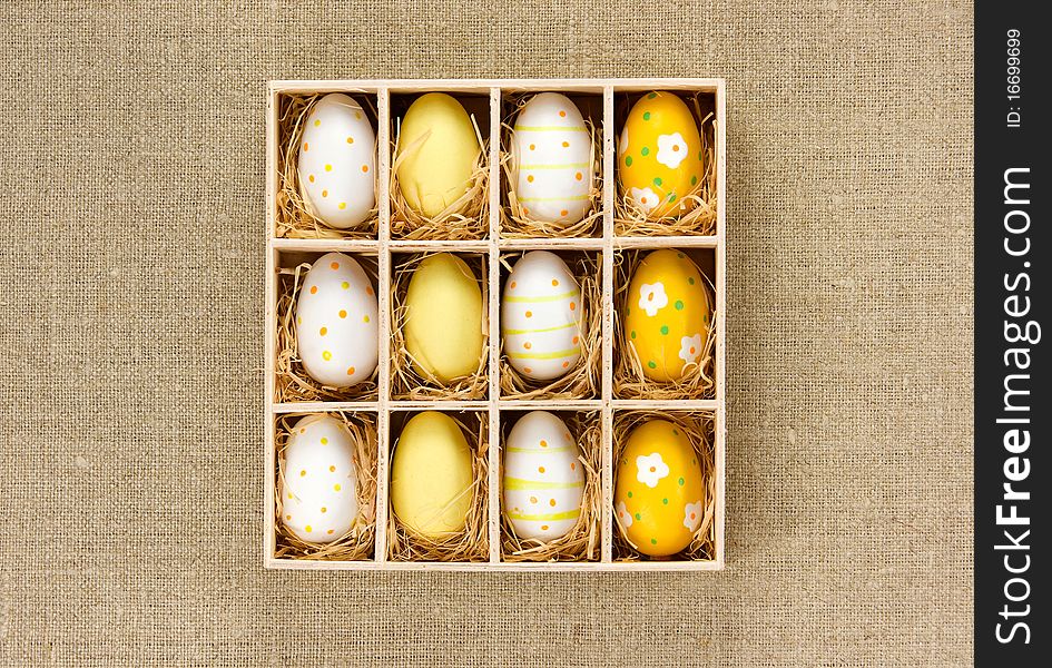 Colorful Easter eggs in a box