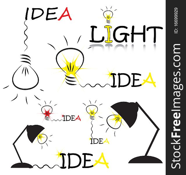 Set of vector sketch with bulb and idea words