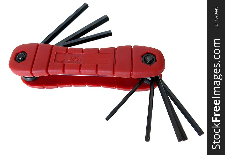 A set of 8 allen keys in a red plastic holder. A set of 8 allen keys in a red plastic holder.