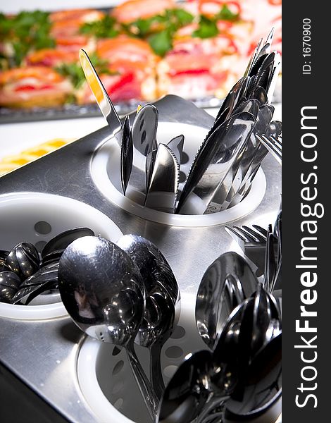 Table setting with forks knives and spoons. Table setting with forks knives and spoons