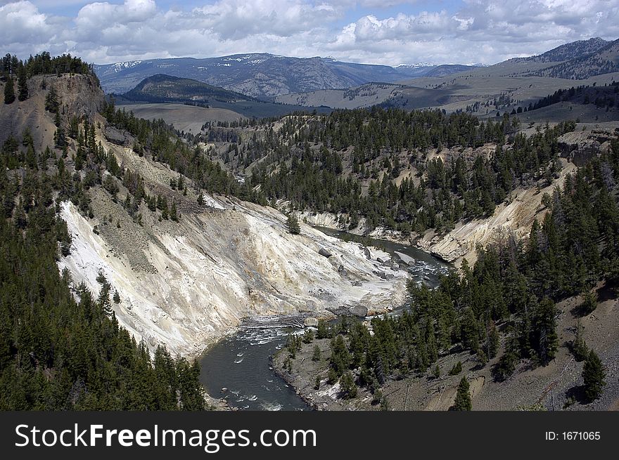 Colorful river canyon in Yellowstone National Park.
