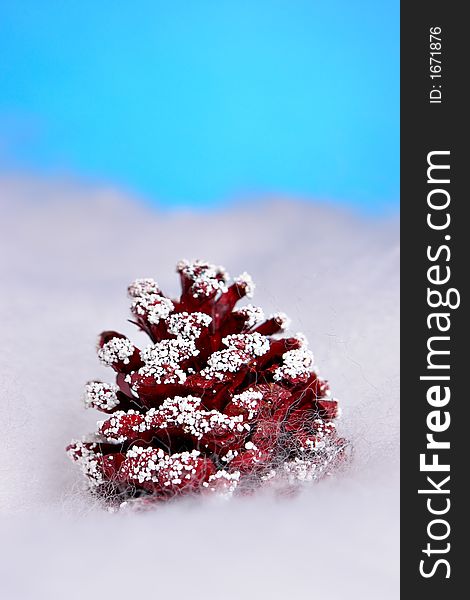 Christmas pinecone in white snow and blue sky