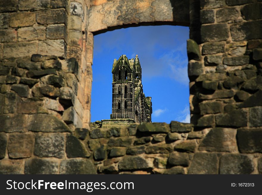 Kirkstall Abbey view through a window