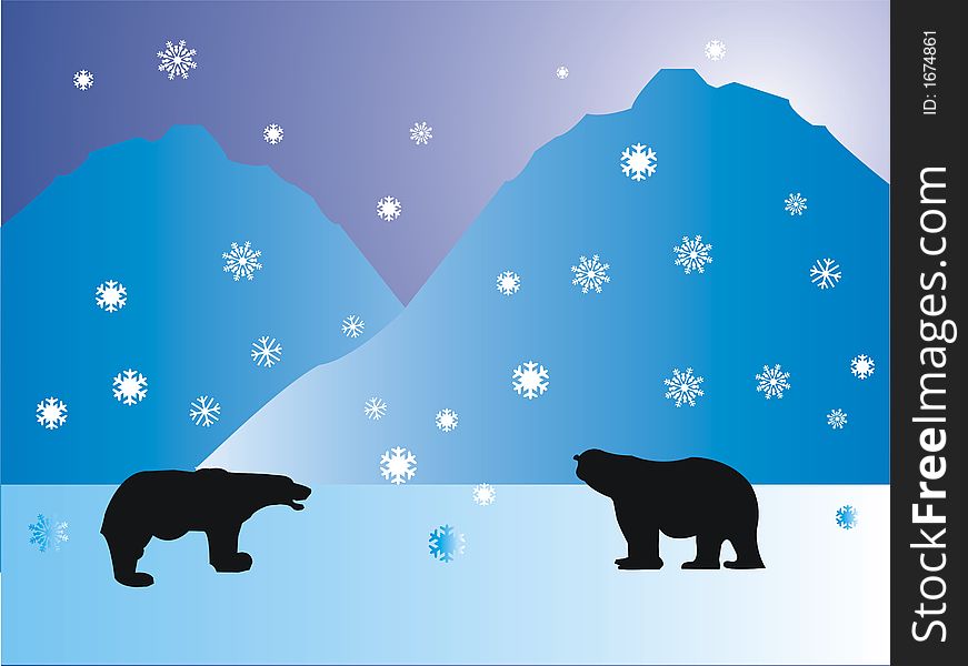 Colored background with frozen mountains and polar bear shapes. Colored background with frozen mountains and polar bear shapes